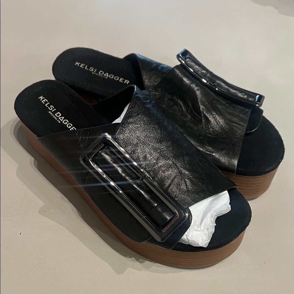 NEW Kelsi Dagger Black Slide Sandals with Large Buckle